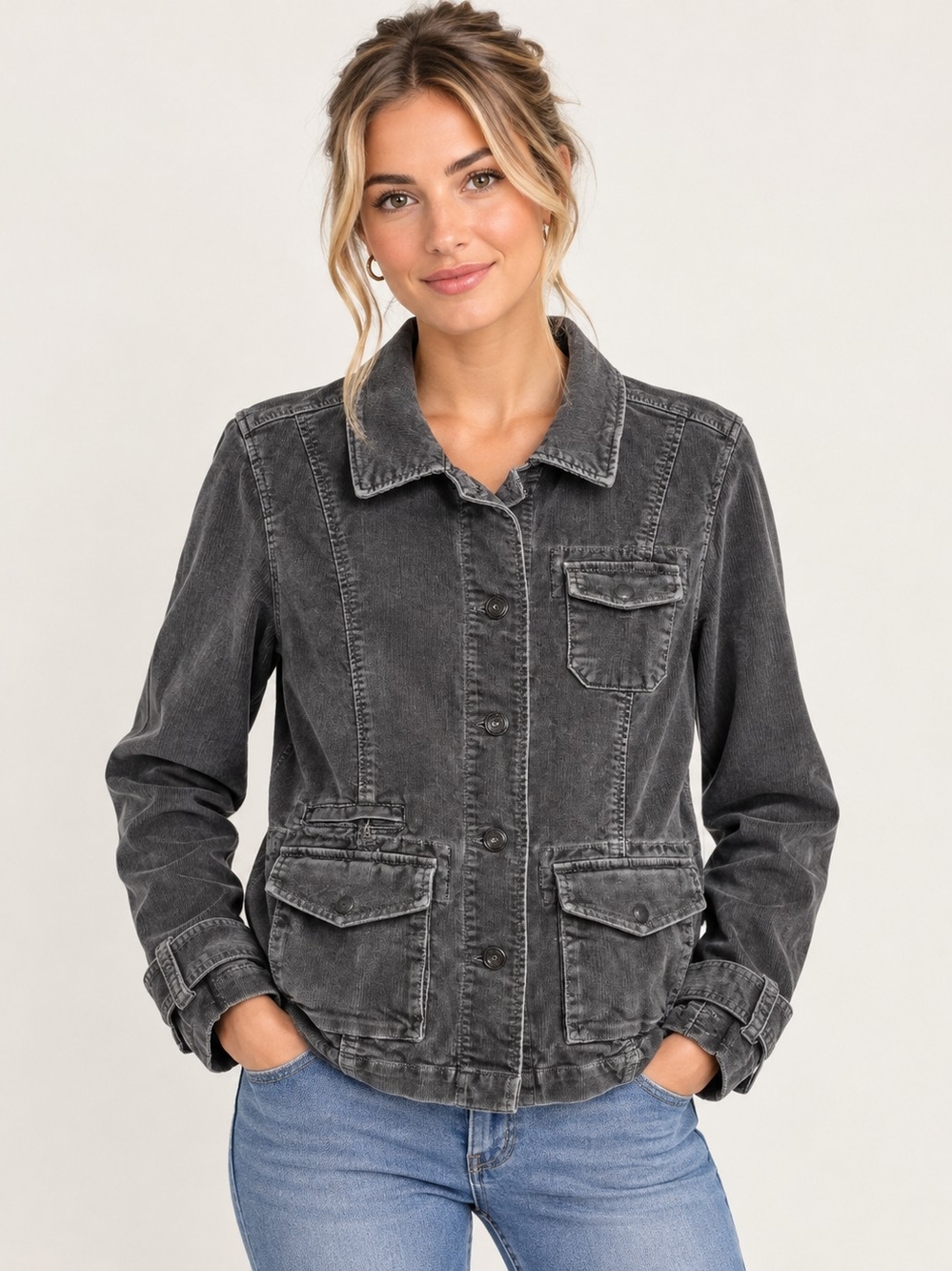 EDDIE Bauer Corduroy Grey Jacket Sz M Relaxed Fit Fall Casual